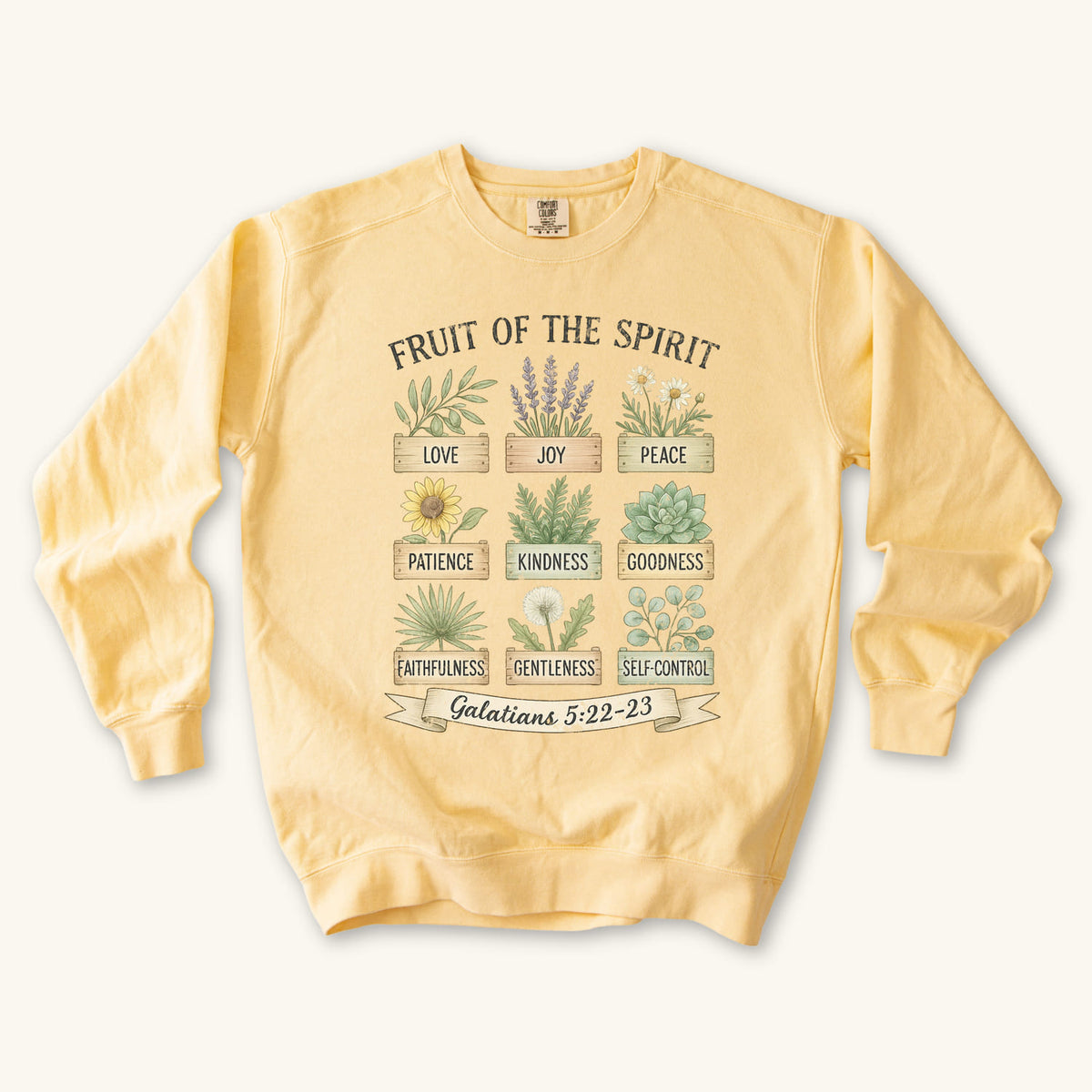 Butter Christian sweatshirt with nine painted herb and flower planters labeled with the fruit of the spirit, Galatians 5:22-23