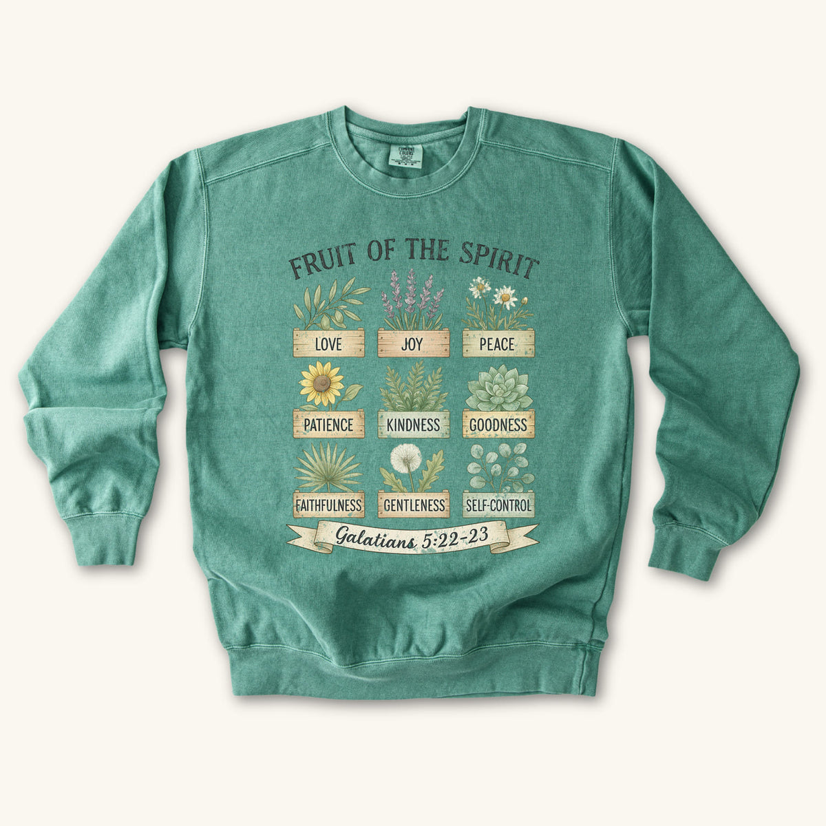 Light Green Christian sweatshirt with nine painted herb and flower planters labeled with the fruit of the spirit, Galatians 5:22-23