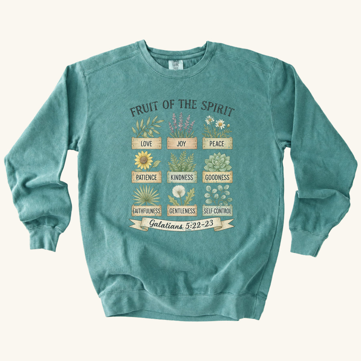 Seafoam Christian sweatshirt with nine painted herb and flower planters labeled with the fruit of the spirit, Galatians 5:22-23