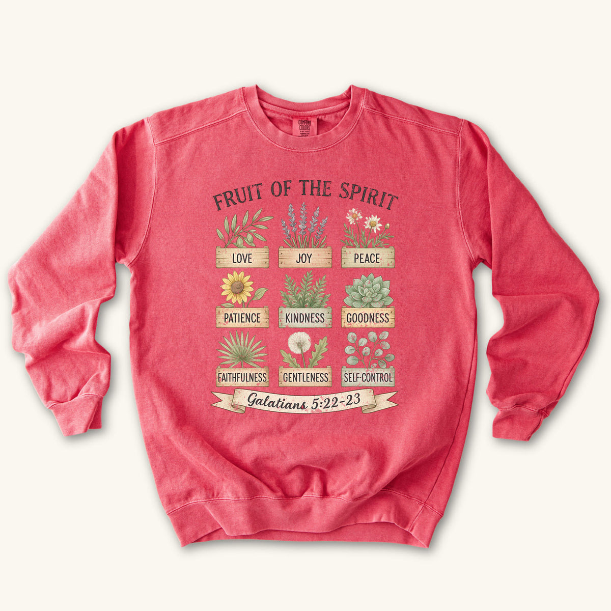 Watermelon Christian sweatshirt with nine painted herb and flower planters labeled with the fruit of the spirit, Galatians 5:22-23