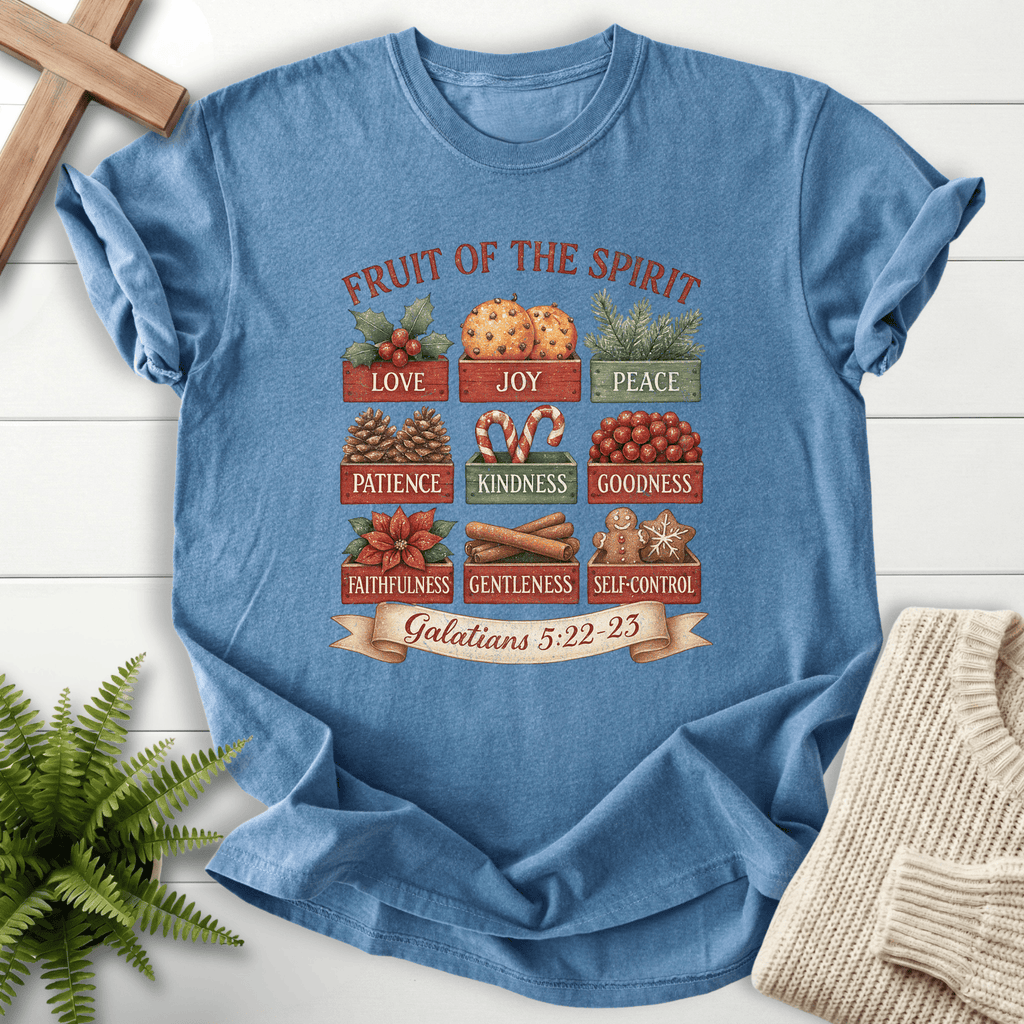 Blue Jean Christian t-shirt for women with nine illustrated Christmas boxes and scripture reference, inspired by Galatians 5:22-23.
