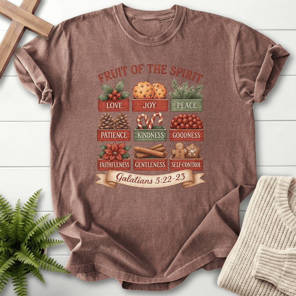 Espresso Christian t-shirt for women with a festive illustrated box design, Comfort Colors 1717, inspired by Galatians 5:22-23.