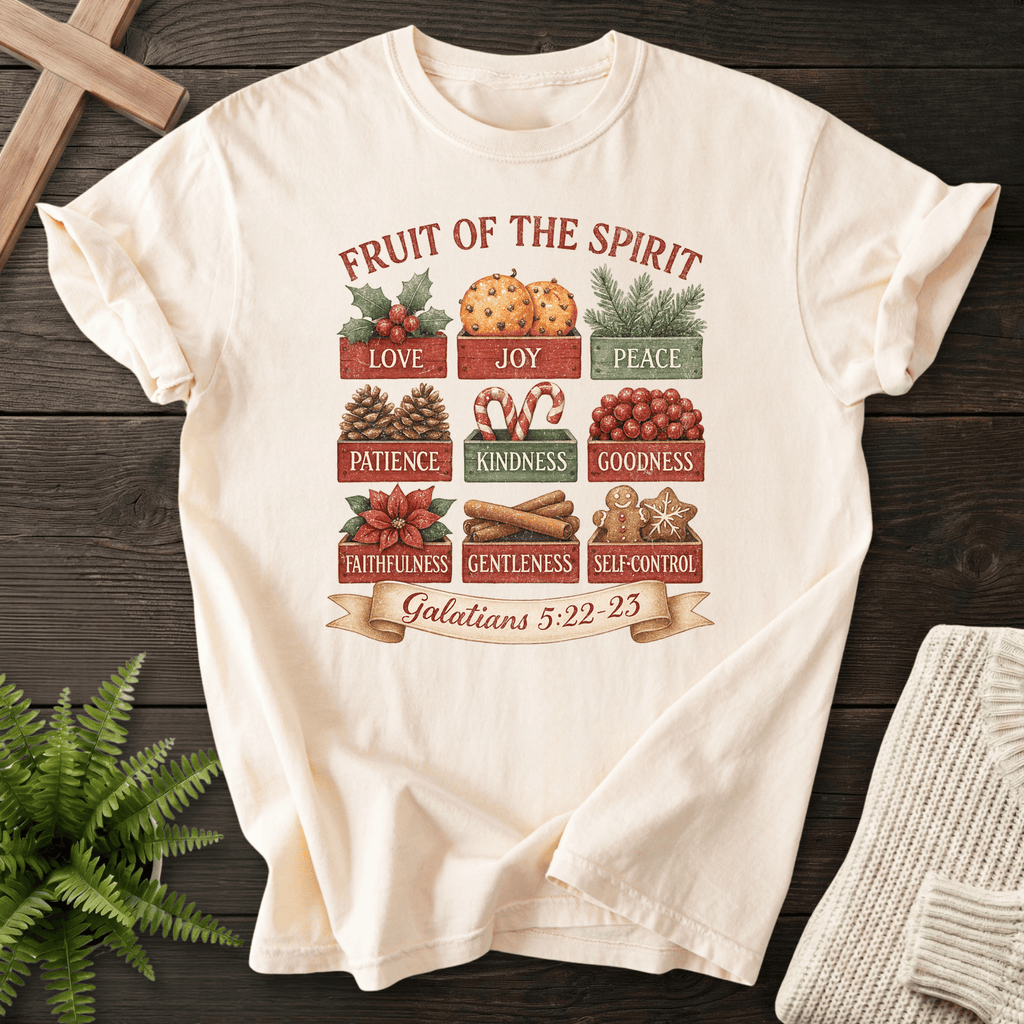 Ivory Christian t-shirt for women with an illustrated holiday gift box grid, inspired by Galatians 5:22-23.