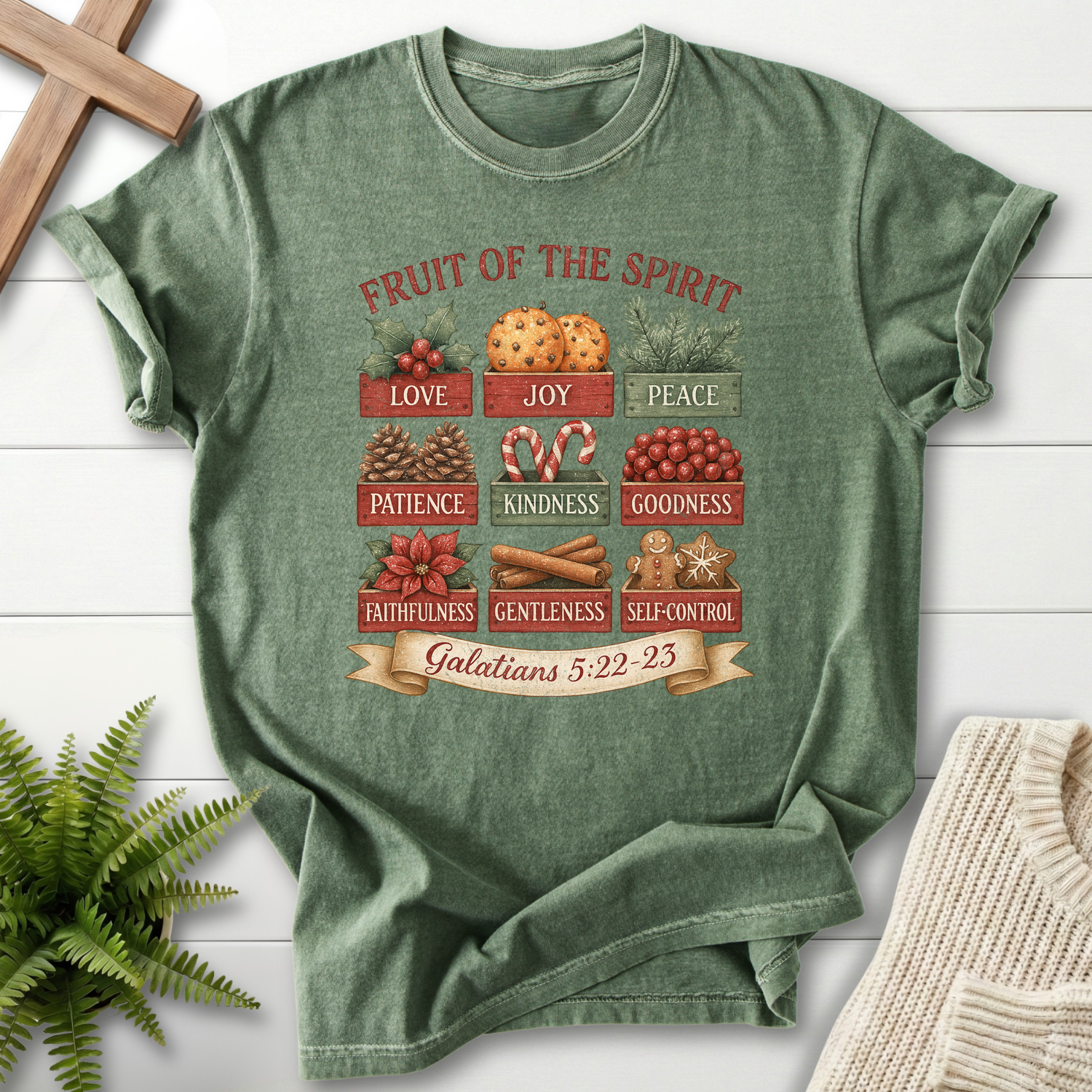 Moss Christian t-shirt for women with a Christmas illustration grid, inspired by Galatians 5:22-23.