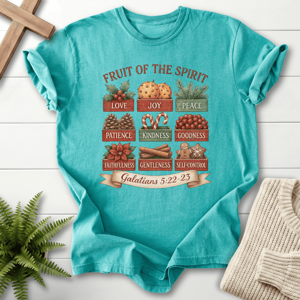 Seafoam Christian t-shirt for women with a holiday illustrated grid, inspired by Galatians 5:22-23.