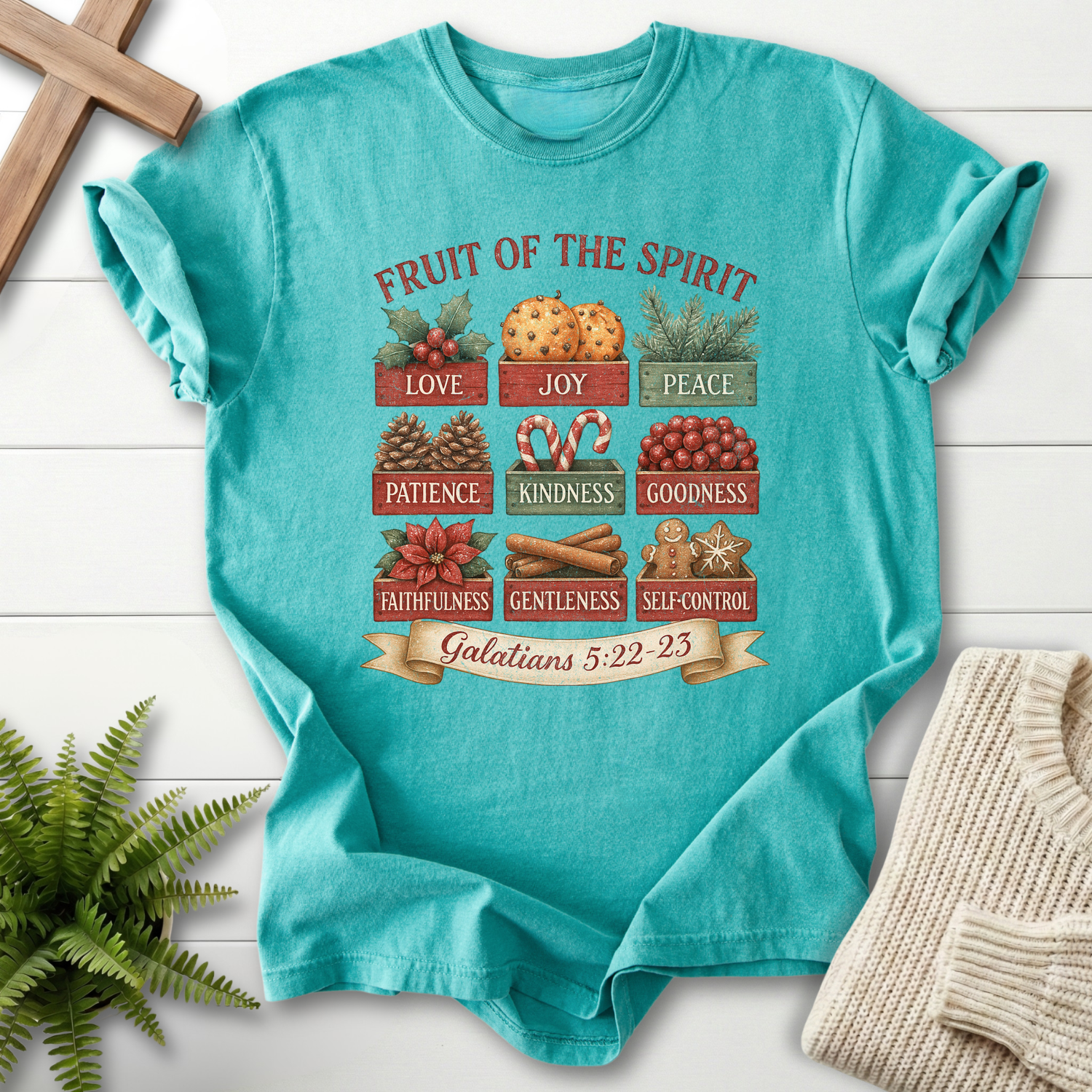 Seafoam Christian t-shirt for women with a holiday illustrated grid, inspired by Galatians 5:22-23.
