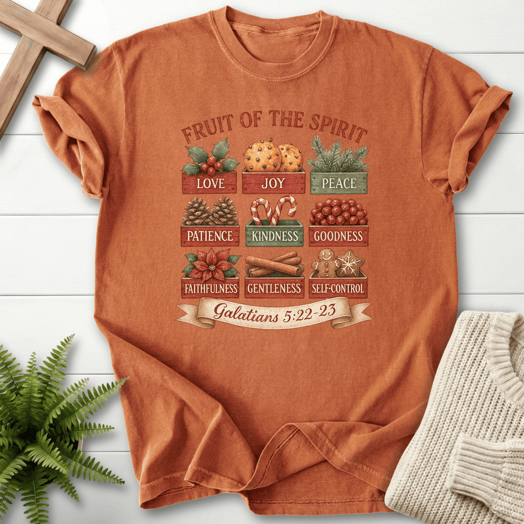 Yam Christian t-shirt for women with a festive box illustration and scripture, inspired by Galatians 5:22-23.