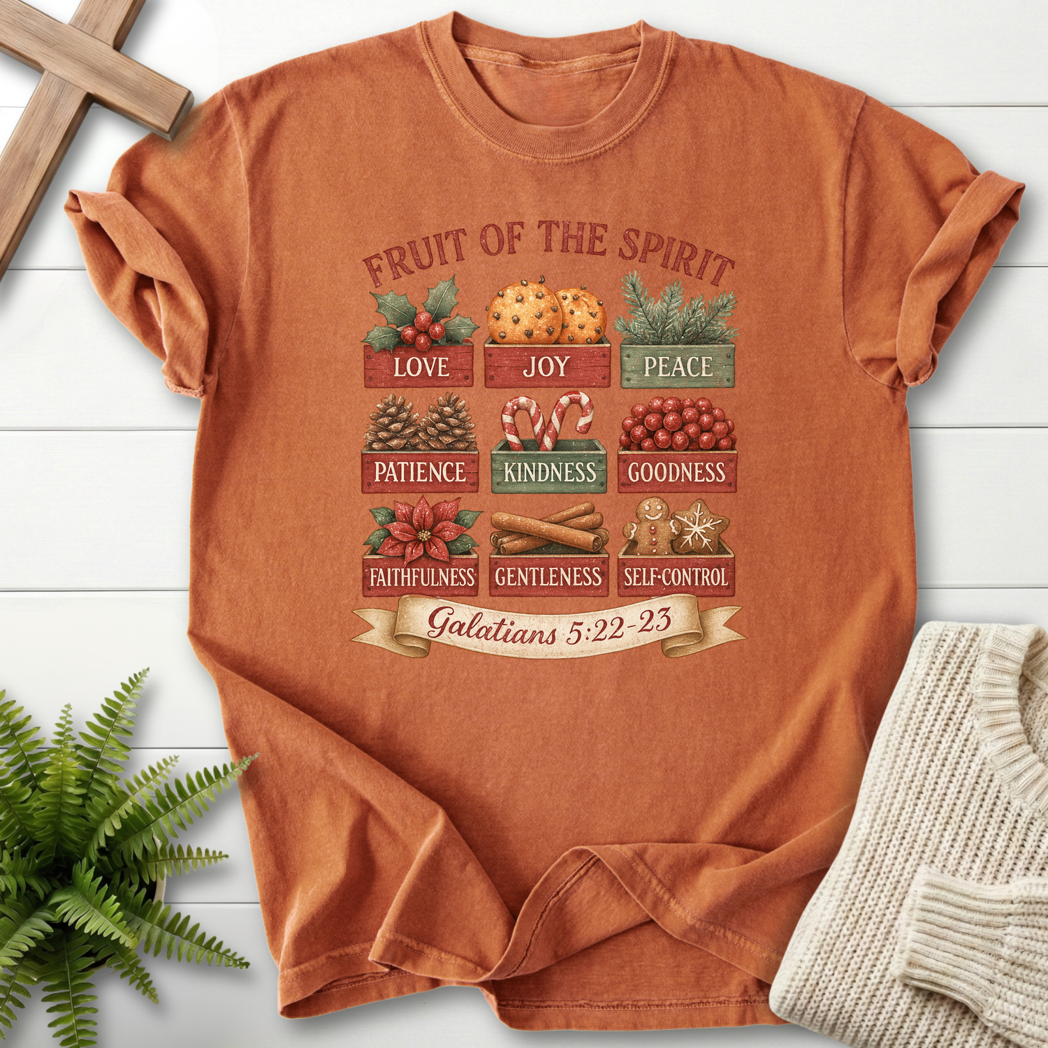 Yam Christian t-shirt for women with a festive box illustration and scripture, inspired by Galatians 5:22-23.