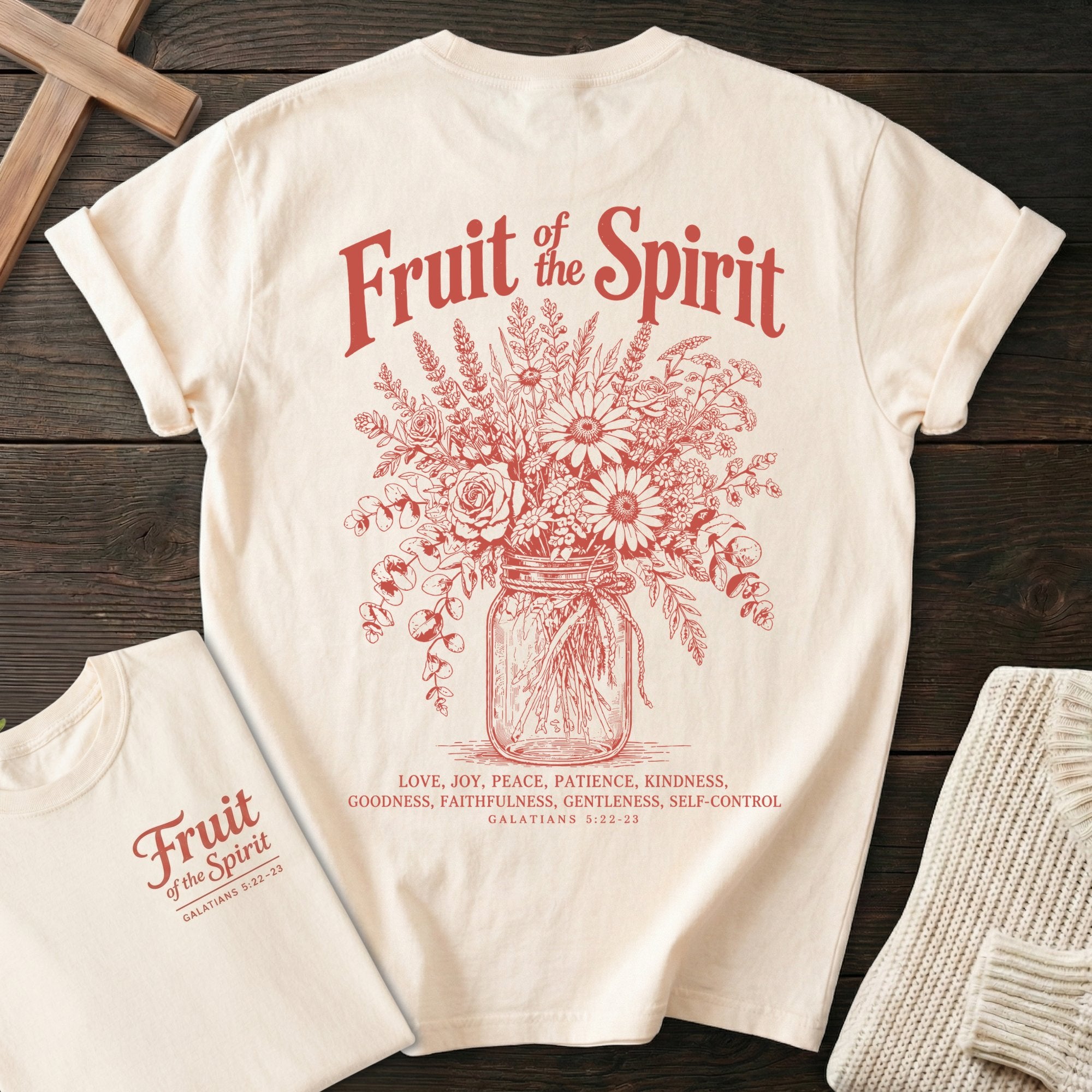 Fruit of the Spirit T-Shirt in Ivory | Mason Jar Wildflower Bouquet | Galatians 5:22-23 | Christian Women's Tee | Comfort Colors 1717