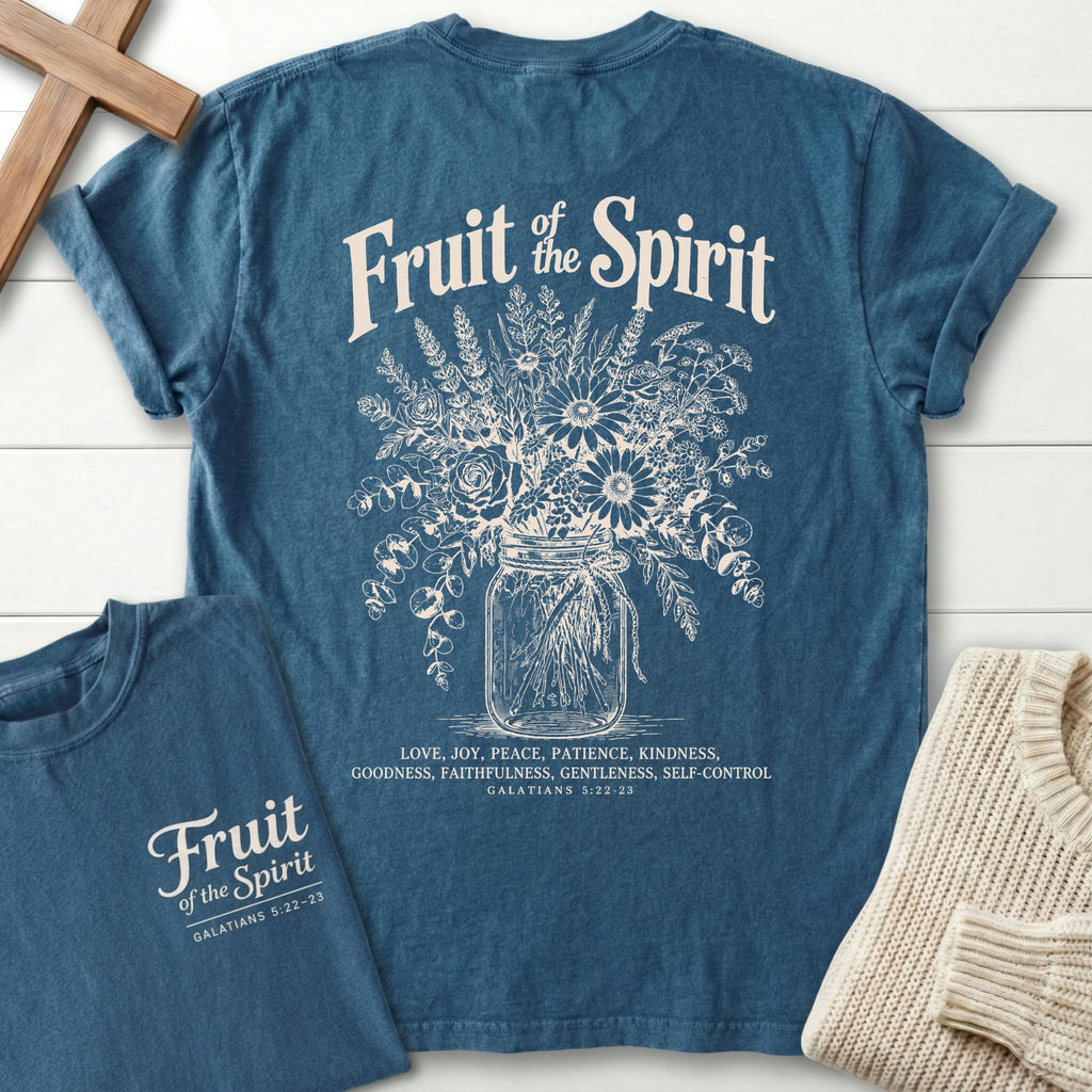 Fruit of the Spirit T-Shirt in Midnight | Mason Jar Wildflower Bouquet | Galatians 5:22-23 | Christian Women's Tee | Comfort Colors 1717