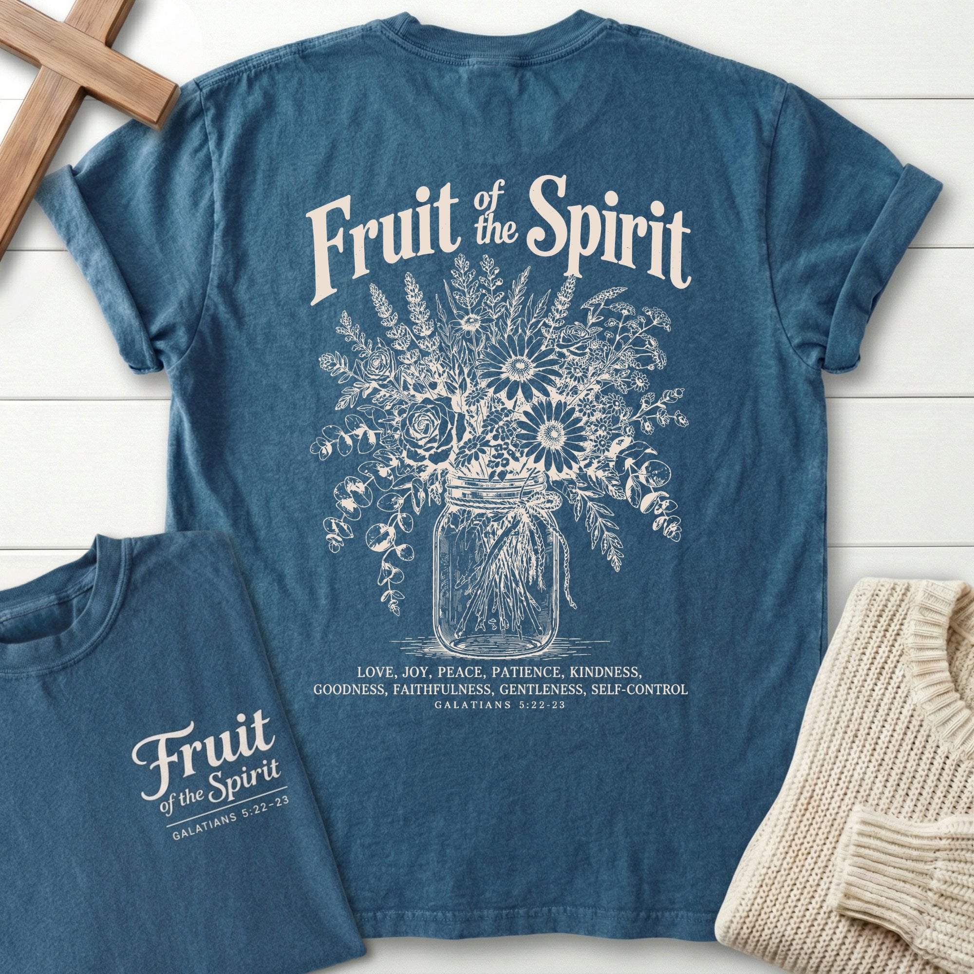 Fruit of the Spirit T-Shirt in Midnight | Mason Jar Wildflower Bouquet | Galatians 5:22-23 | Christian Women's Tee | Comfort Colors 1717