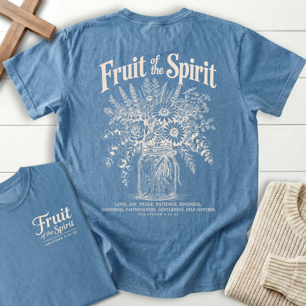 Fruit of the Spirit T-Shirt in Blue Jean | Mason Jar Wildflower Bouquet | Galatians 5:22-23 | Christian Women's Tee | Comfort Colors 1717