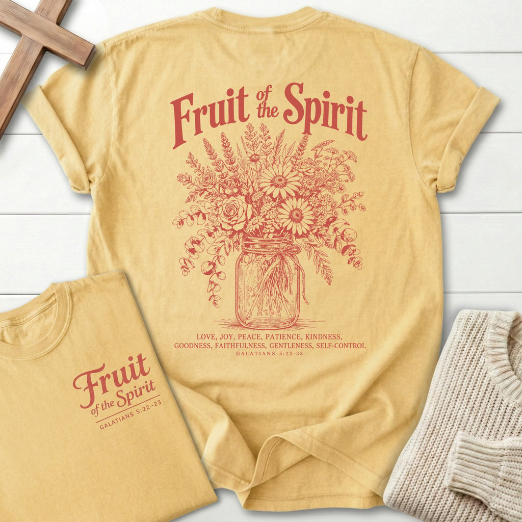 Fruit of the Spirit T-Shirt in Butter | Mason Jar Wildflower Bouquet | Galatians 5:22-23 | Christian Women's Tee | Comfort Colors 1717