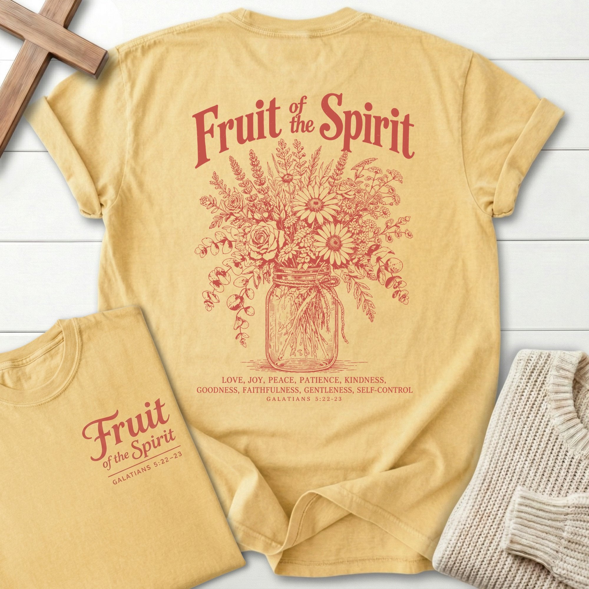 Fruit of the Spirit T-Shirt in Butter | Mason Jar Wildflower Bouquet | Galatians 5:22-23 | Christian Women's Tee | Comfort Colors 1717