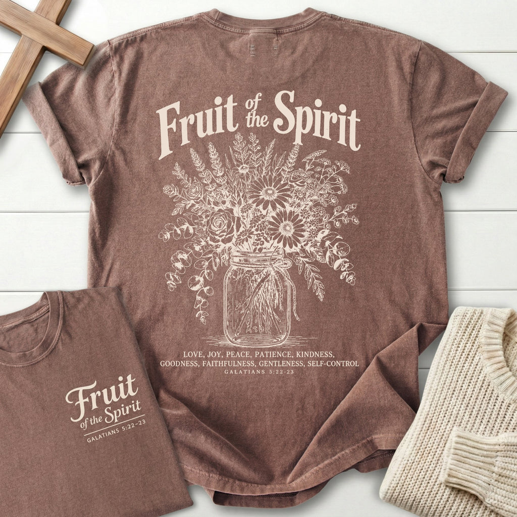 Fruit of the Spirit T-Shirt in Espresso | Mason Jar Wildflower Bouquet | Galatians 5:22-23 | Christian Women's Tee | Comfort Colors 1717