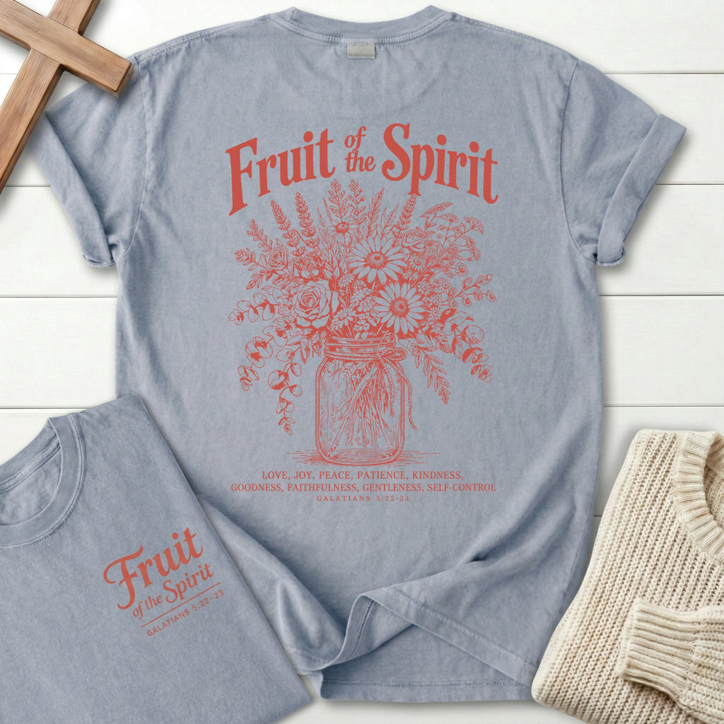 Fruit of the Spirit T-Shirt in Granite | Mason Jar Wildflower Bouquet | Galatians 5:22-23 | Christian Women's Tee | Comfort Colors 1717