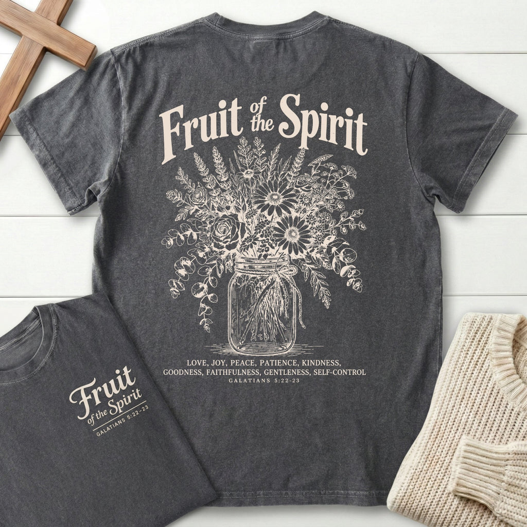 Fruit of the Spirit T-Shirt in Pepper | Mason Jar Wildflower Bouquet | Galatians 5:22-23 | Christian Women's Tee | Comfort Colors 1717