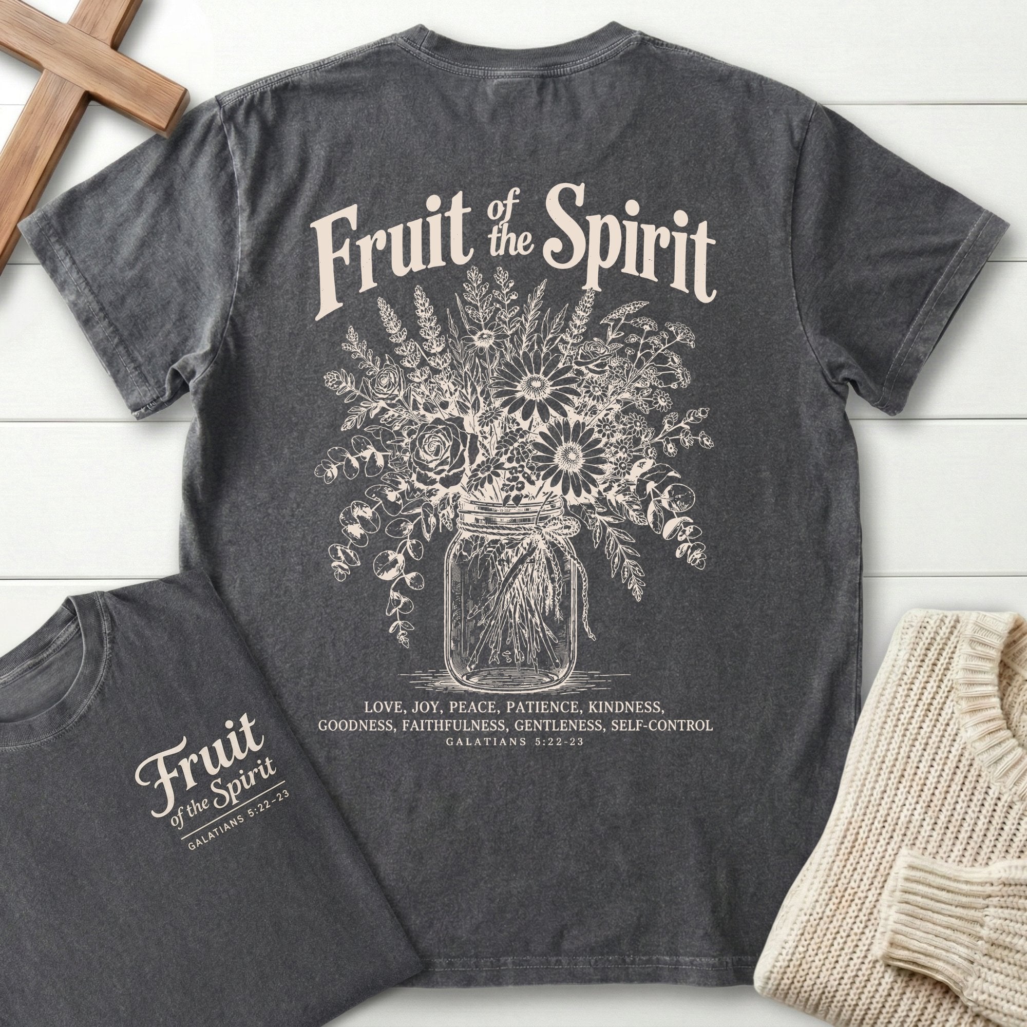 Fruit of the Spirit T-Shirt in Pepper | Mason Jar Wildflower Bouquet | Galatians 5:22-23 | Christian Women's Tee | Comfort Colors 1717