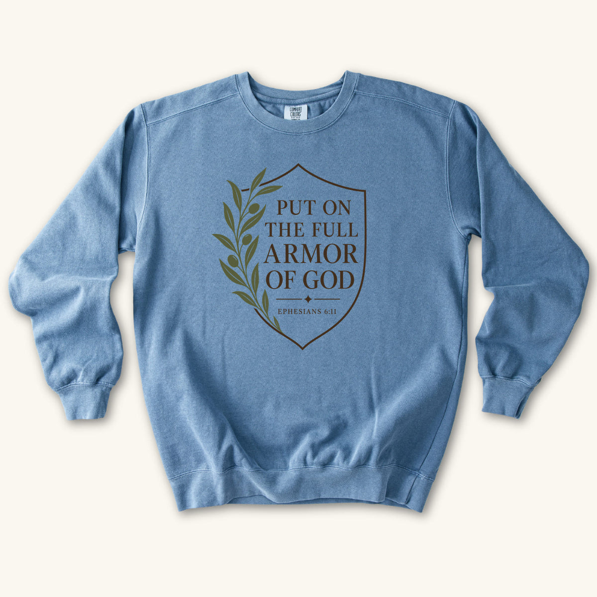 Blue Jean Full Armor of God sweatshirt flat lay mockup, Ephesians 6:11 Christian apparel for women