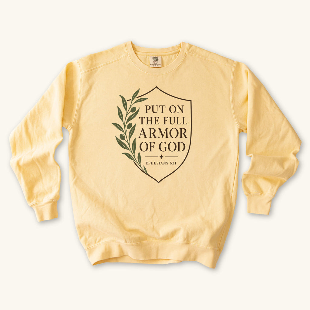 Butter Full Armor of God sweatshirt flat lay mockup, Ephesians 6:11 Christian apparel for women