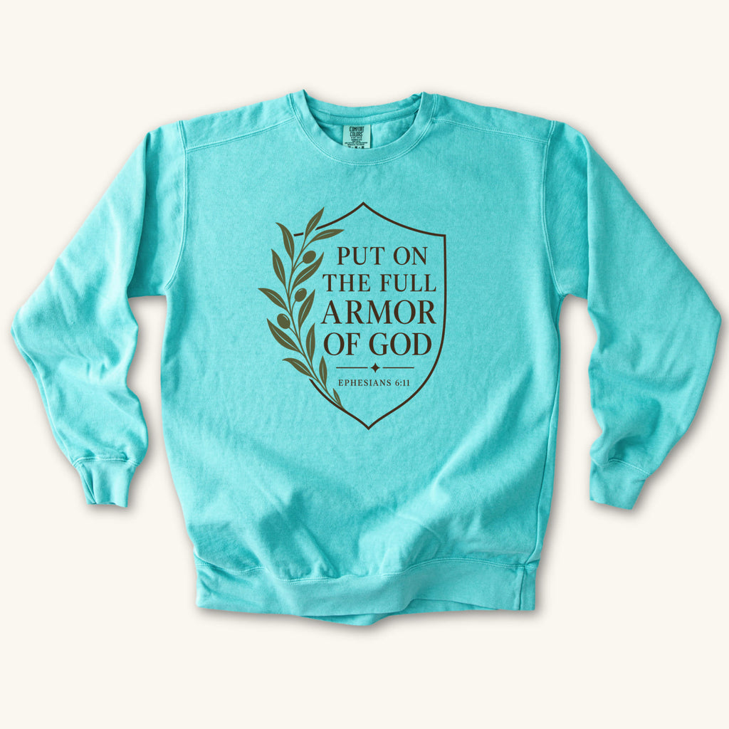 Chalky Mint Full Armor of God sweatshirt flat lay mockup, Ephesians 6:11 Christian apparel for women