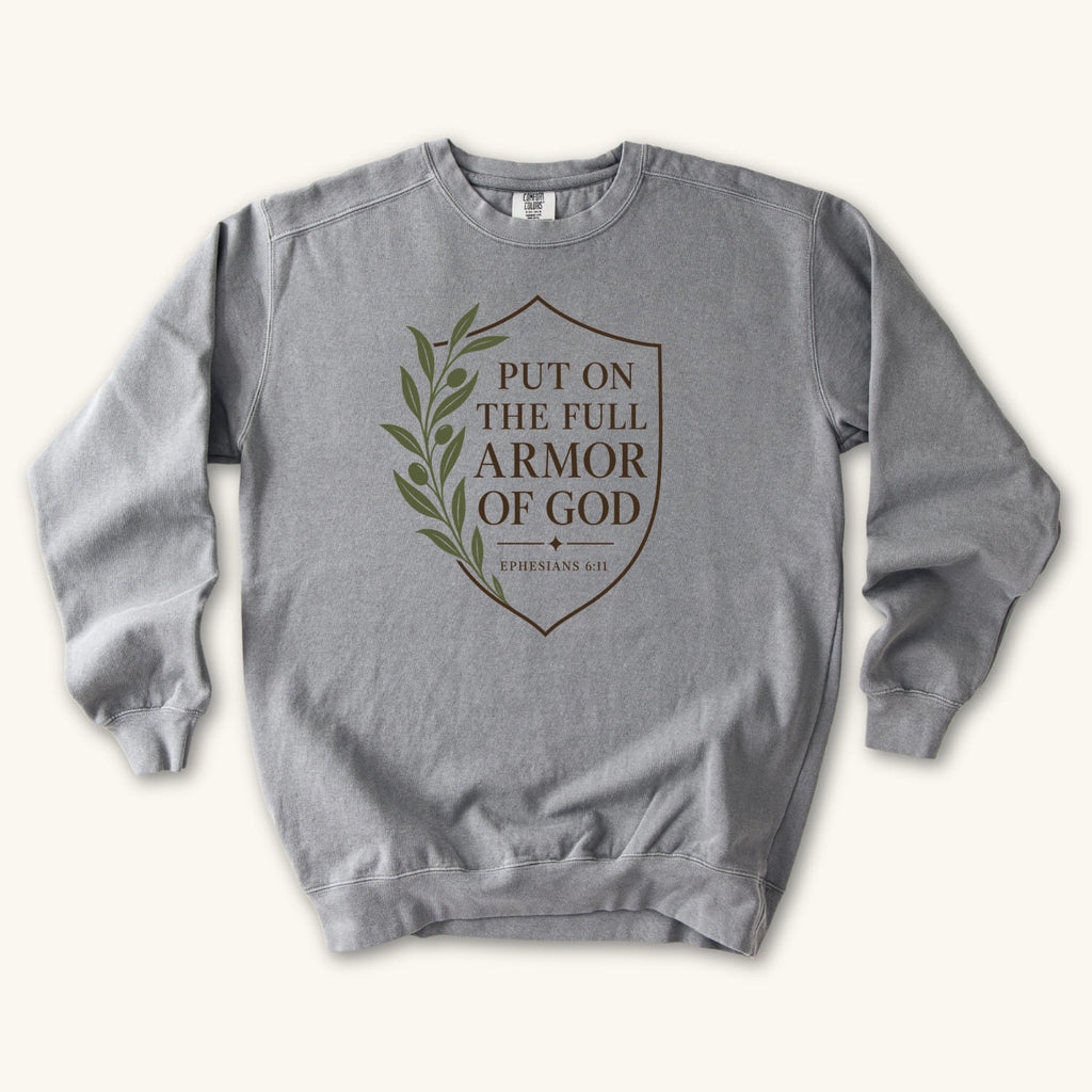 Grey Full Armor of God sweatshirt flat lay mockup, Ephesians 6:11 Christian apparel for women