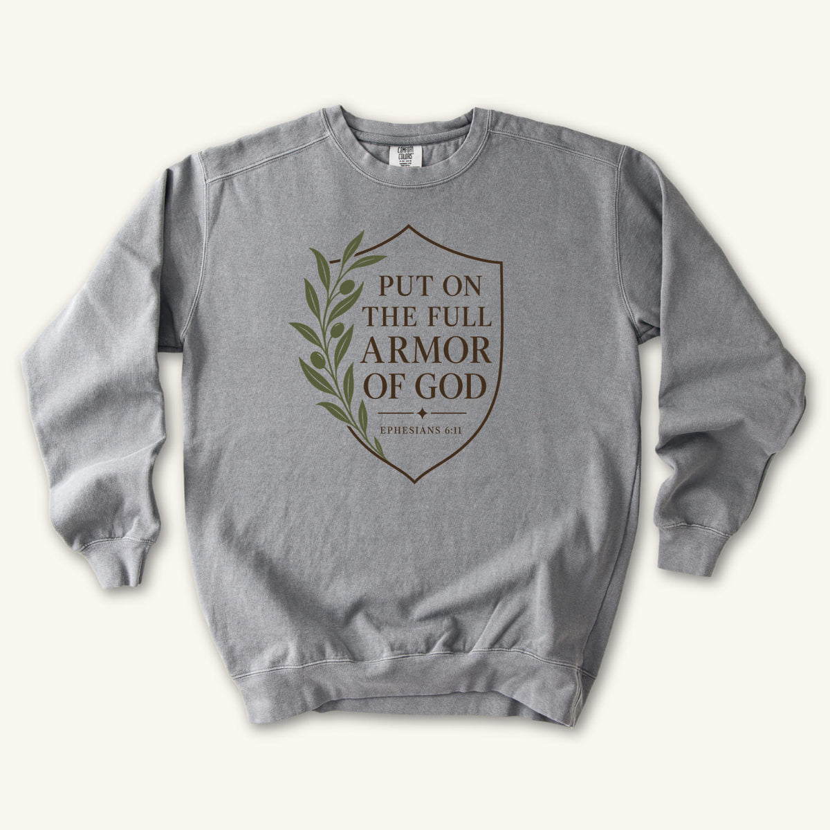 Grey Full Armor of God sweatshirt flat lay mockup, Ephesians 6:11 Christian apparel for women