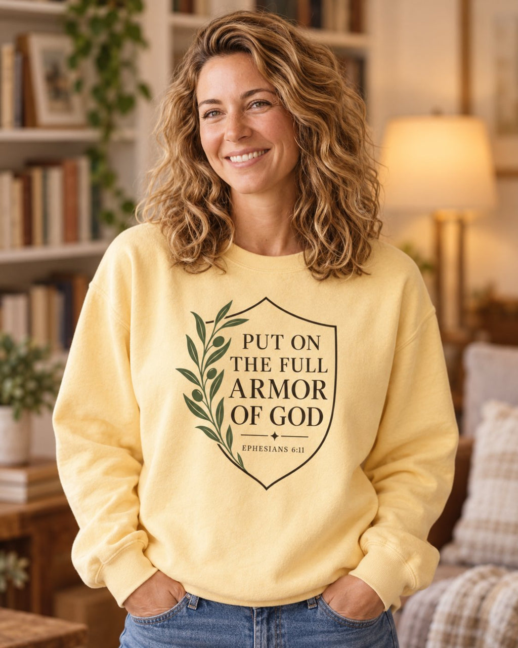 Full Armor of God, Butter women's Christian sweatshirt, lifestyle photo in cozy reading nook, Olive branch and shield with PUT ON THE FULL ARMOR OF GOD, She Wears Faith