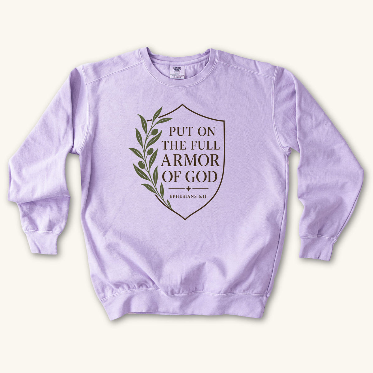 Orchid Full Armor of God sweatshirt flat lay mockup, Ephesians 6:11 Christian apparel for women