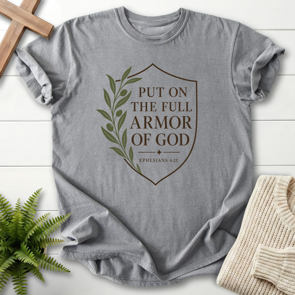 Grey Full Armor of God T-shirt flat lay mockup, Ephesians 6:11 Christian apparel for women