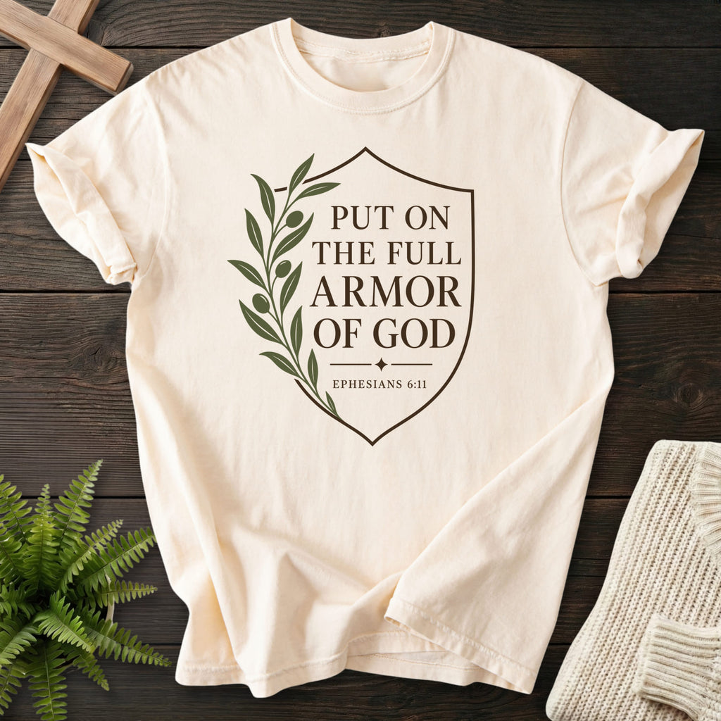 Ivory Full Armor of God T-shirt flat lay mockup, Ephesians 6:11 Christian apparel for women