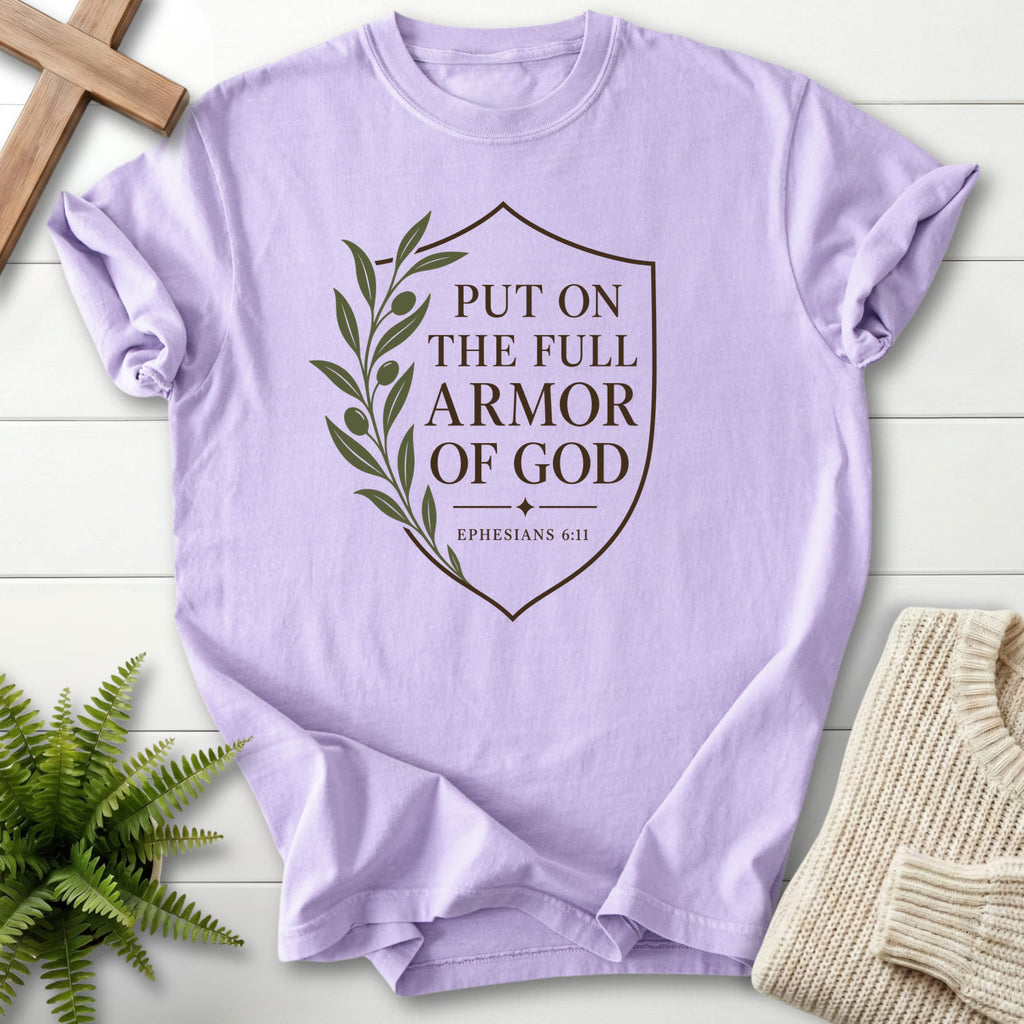 Orchid Full Armor of God T-shirt flat lay mockup, Ephesians 6:11 Christian apparel for women