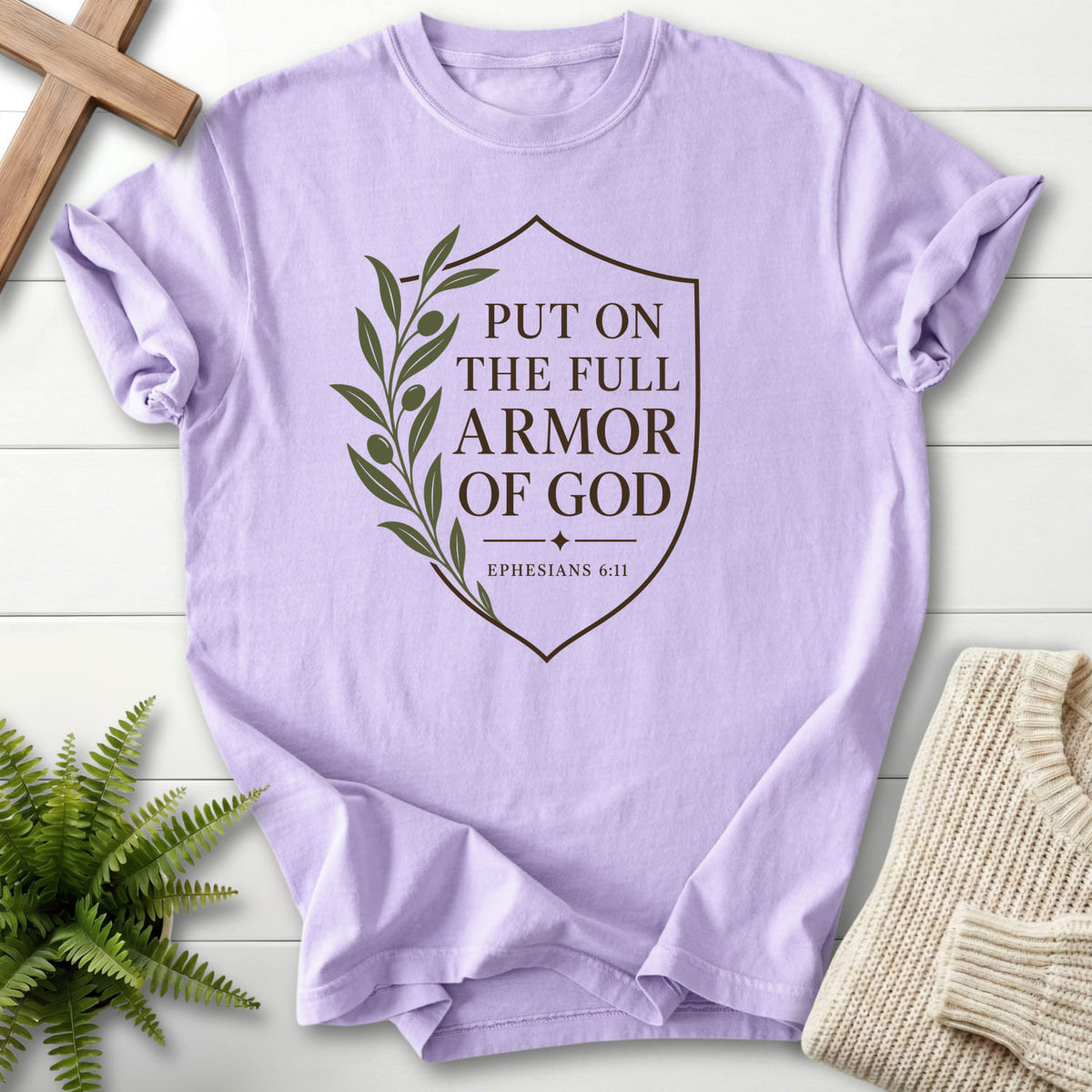 Orchid Full Armor of God T-shirt flat lay mockup, Ephesians 6:11 Christian apparel for women