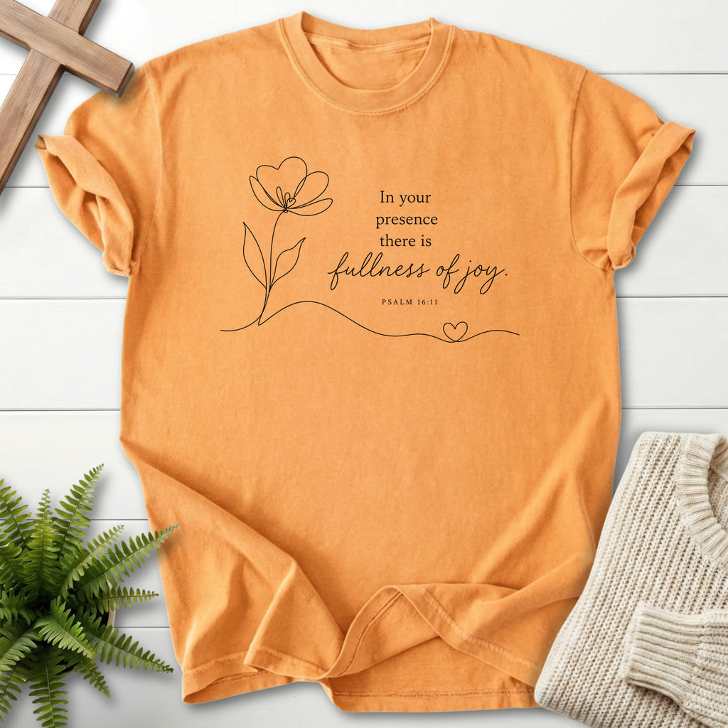 Citrus color option for the Fullness of Joy Christian t-shirt for women with flower artwork with "Fullness of Joy T-Shirt" Psalm 16:11.