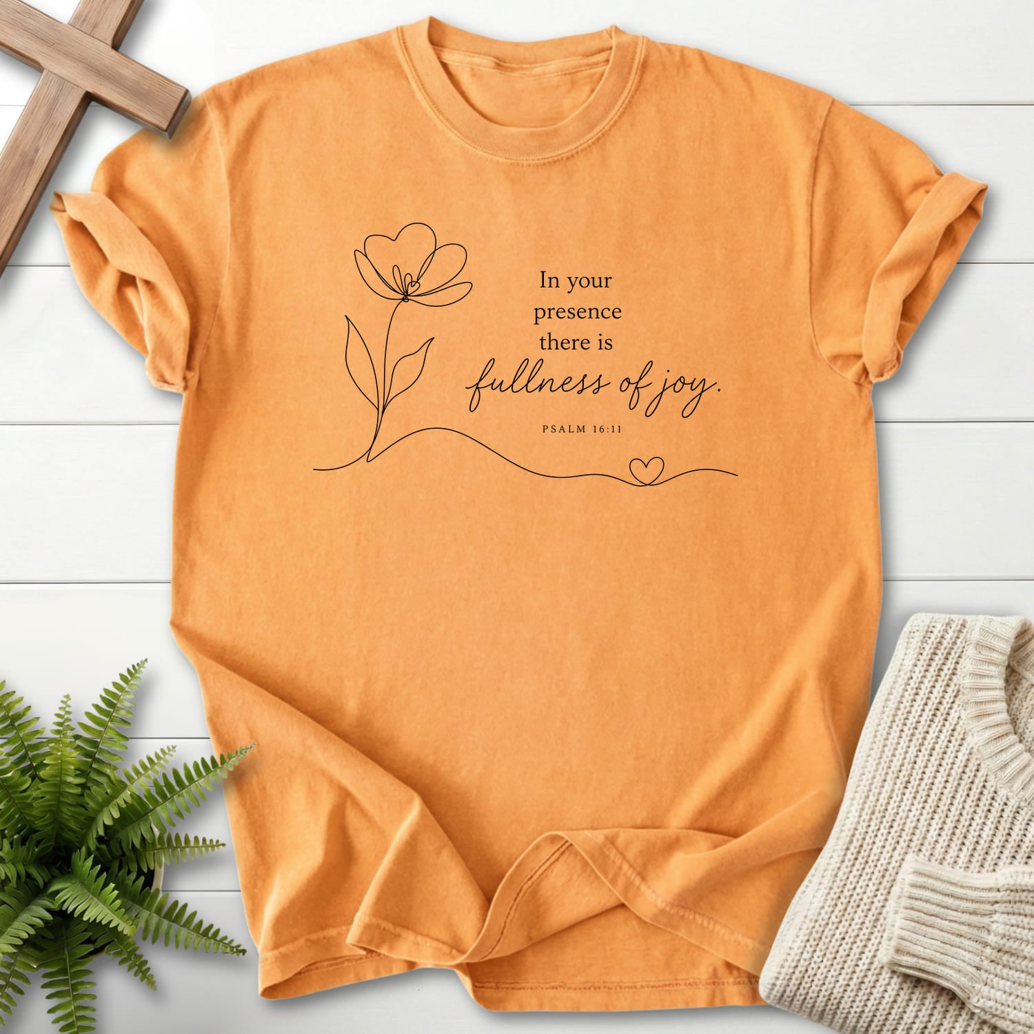 Citrus color option for the Fullness of Joy Christian t-shirt for women with flower artwork with "Fullness of Joy T-Shirt" Psalm 16:11.