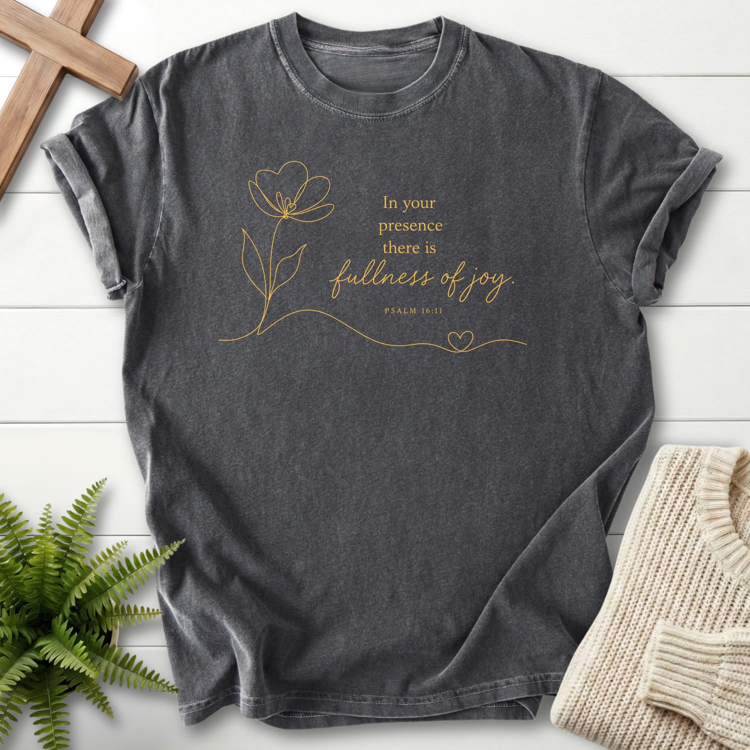 Pepper color option for the Fullness of Joy tee with flower artwork with "Fullness of Joy T-Shirt" Psalm 16:11 for women's faith apparel.