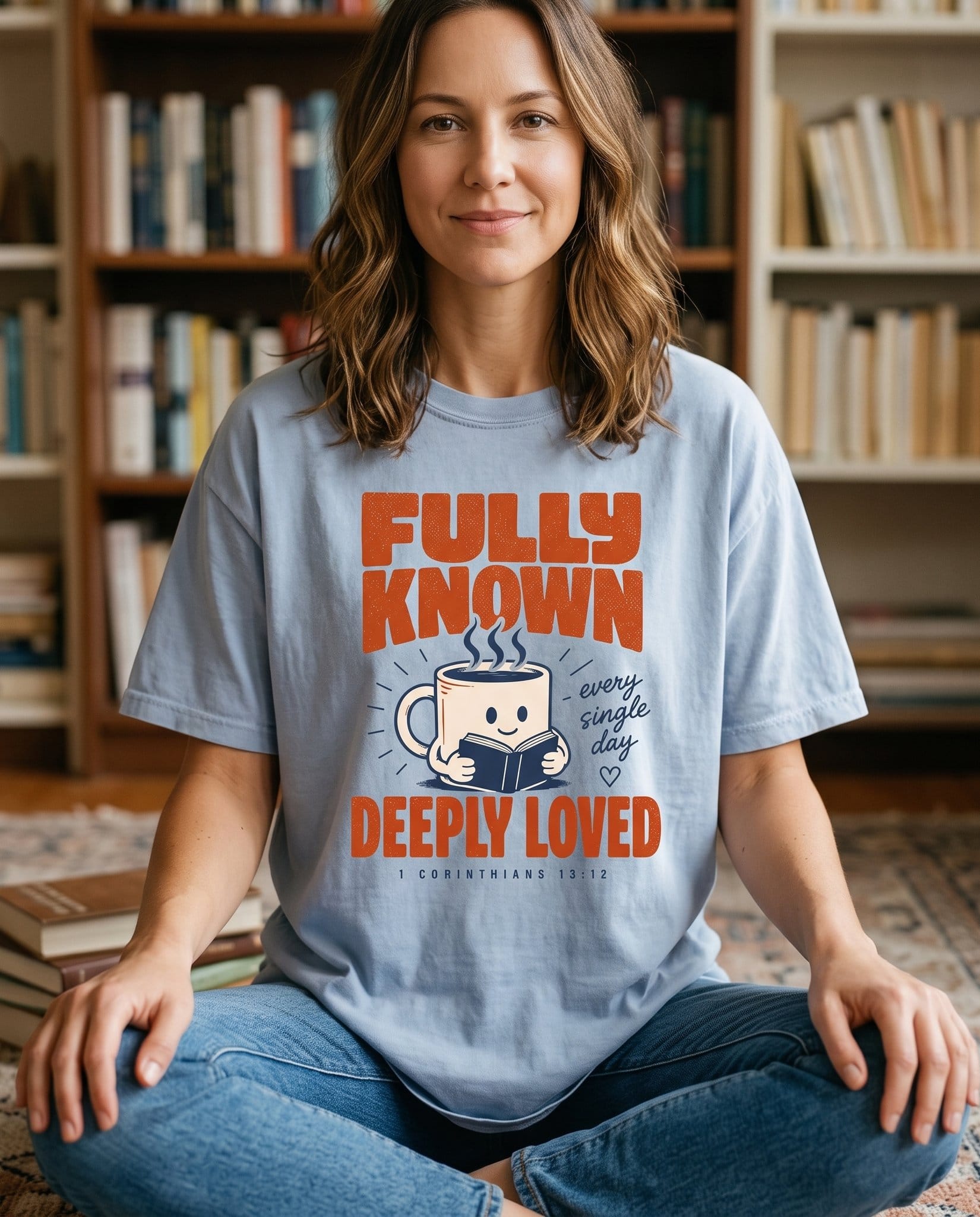 Fully Known Deeply Loved 1 Corinthians 13:12 – Granite women's Christian tee, lifestyle photo in cozy reading nook – Chunky retro burnt-orange capital lettering with a coffee mug and open – 1 Corinthians 13:12 – She Wears Faith