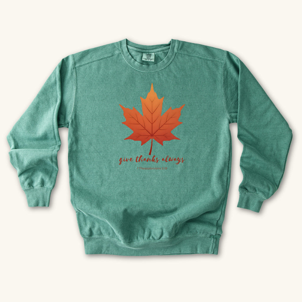 Light Green Give Thanks Always sweatshirt flat lay mockup, 1 Thessalonians 5:18 Christian apparel for women