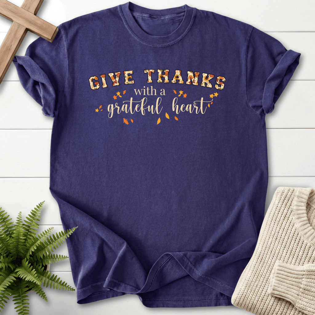 Grape women's faith t-shirt with 'Give Thanks with a Grateful Heart' in a retro bold print and harvest leaf details.