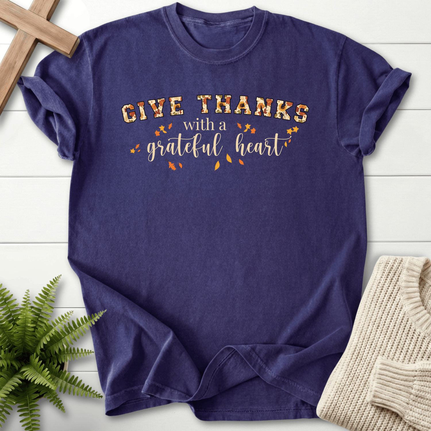 Grape women's faith t-shirt with 'Give Thanks with a Grateful Heart' in a retro bold print and harvest leaf details.