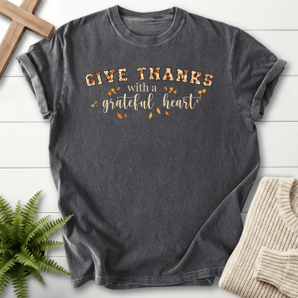 Pepper gray women's faith t-shirt with 'Give Thanks with a Grateful Heart' and a fall-inspired graphic.