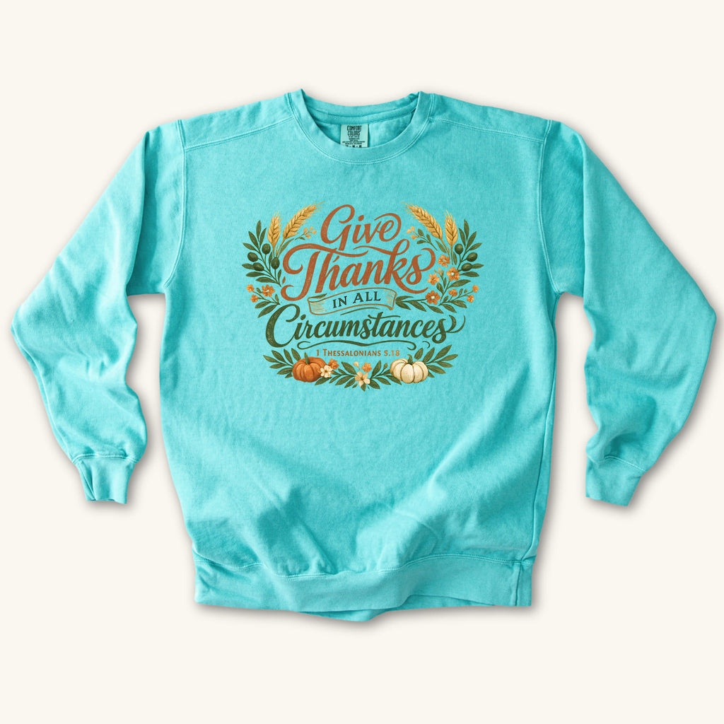 Chalky Mint Give Thanks in All Circumstances sweatshirt flat lay mockup, Christian apparel for women