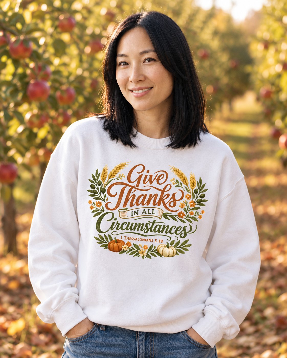 Give Thanks in All Circumstances, White women's Christian sweatshirt, lifestyle photo in cozy autumn harvest setting, Leafy wreath with Give Thanks in all Circumstances, She Wears Faith