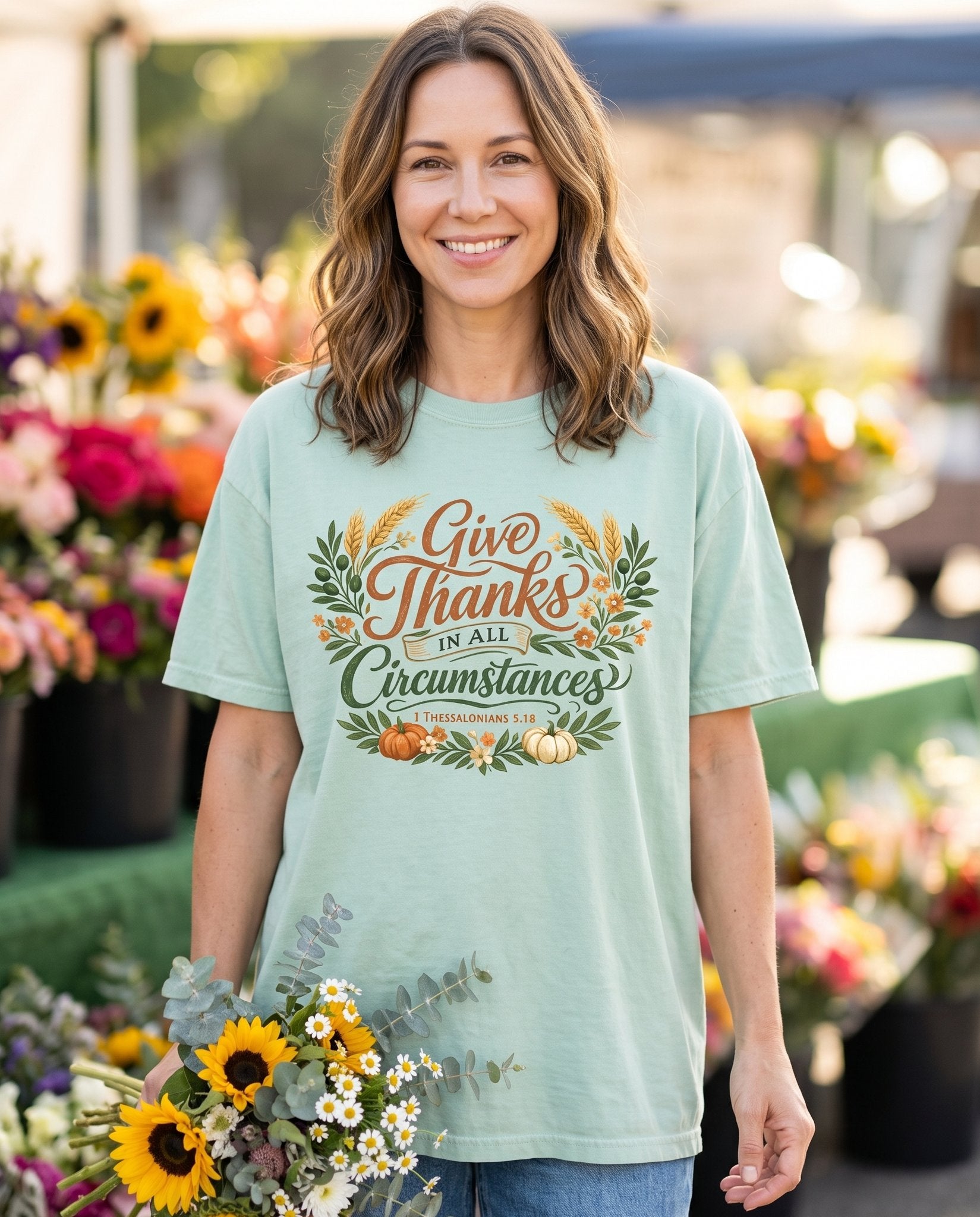 Give Thanks in All Circumstances – Bay women's Christian tee, lifestyle photo in farmers market – Ornate hand-lettered "Give Thanks in All Circumstances" script surroun – 1 Thessalonians 5:18 – She Wears Faith