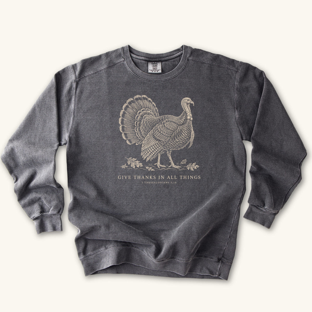 Pepper Give Thanks in All Things Turkey sweatshirt flat lay mockup, 1 Thessalonians 5:18 Christian apparel for women