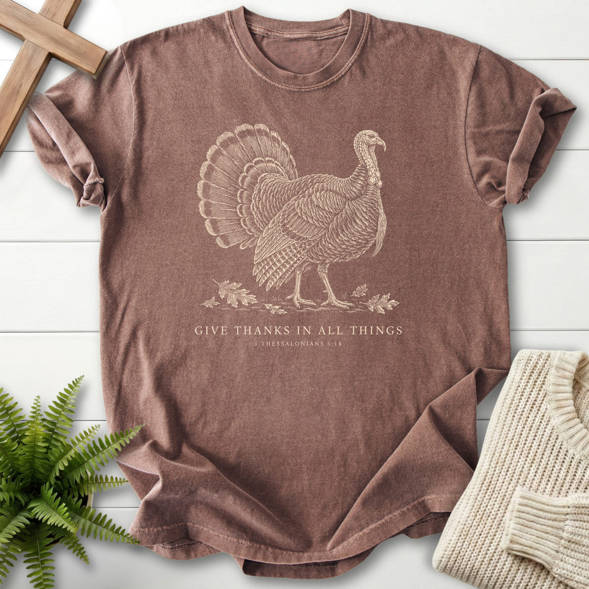 Espresso color option for the Give Thanks in All Things Turkey faith-inspired shirt with "Give Thanks in All Things Turkey T-Shirt" 1 Thessalonians.
