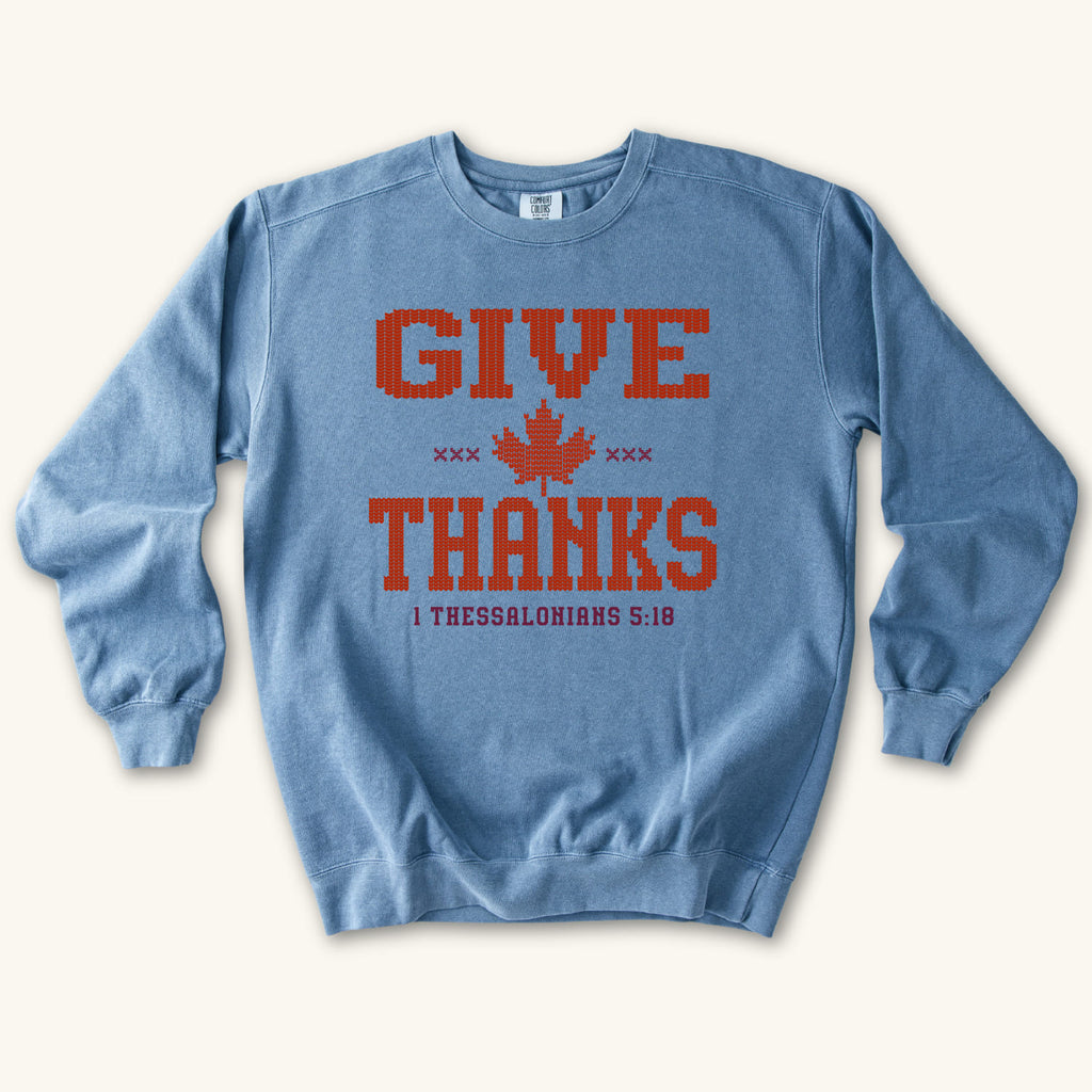 Blue Jean Give Thanks Knitted Design sweatshirt flat lay mockup, 1 Thessalonians 5:18 Christian apparel for women