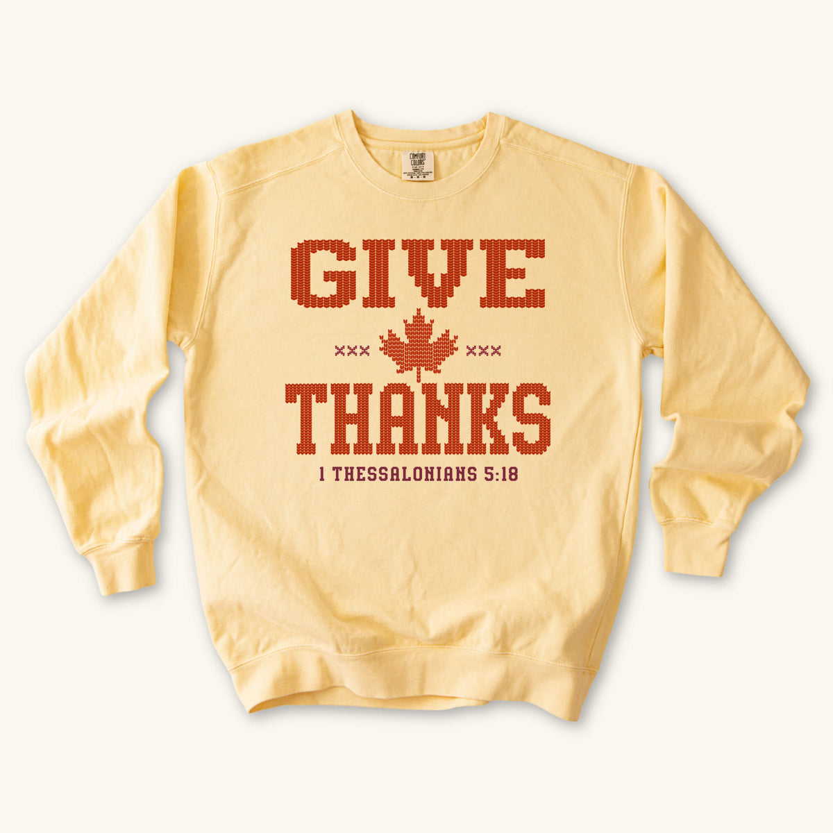 Butter Give Thanks Knitted Design sweatshirt flat lay mockup, 1 Thessalonians 5:18 Christian apparel for women