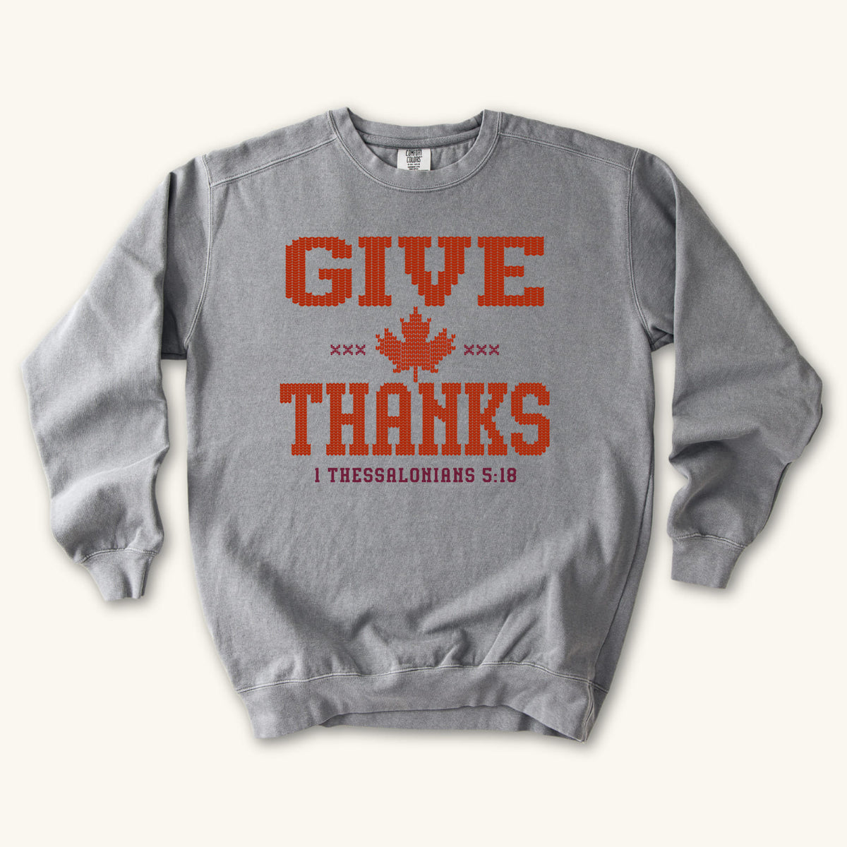Grey Give Thanks Knitted Design sweatshirt flat lay mockup, 1 Thessalonians 5:18 Christian apparel for women