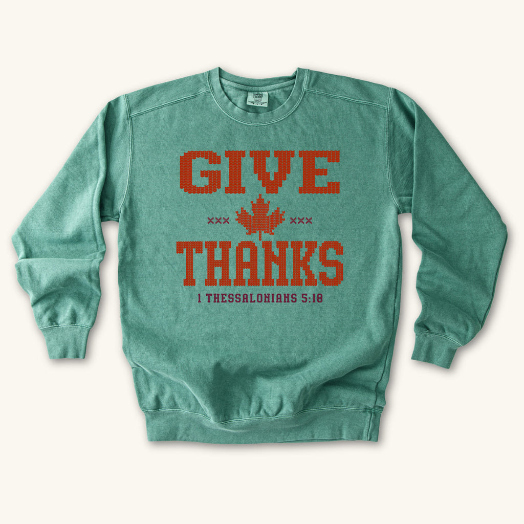 Light Green Give Thanks Knitted Design sweatshirt flat lay mockup, 1 Thessalonians 5:18 Christian apparel for women